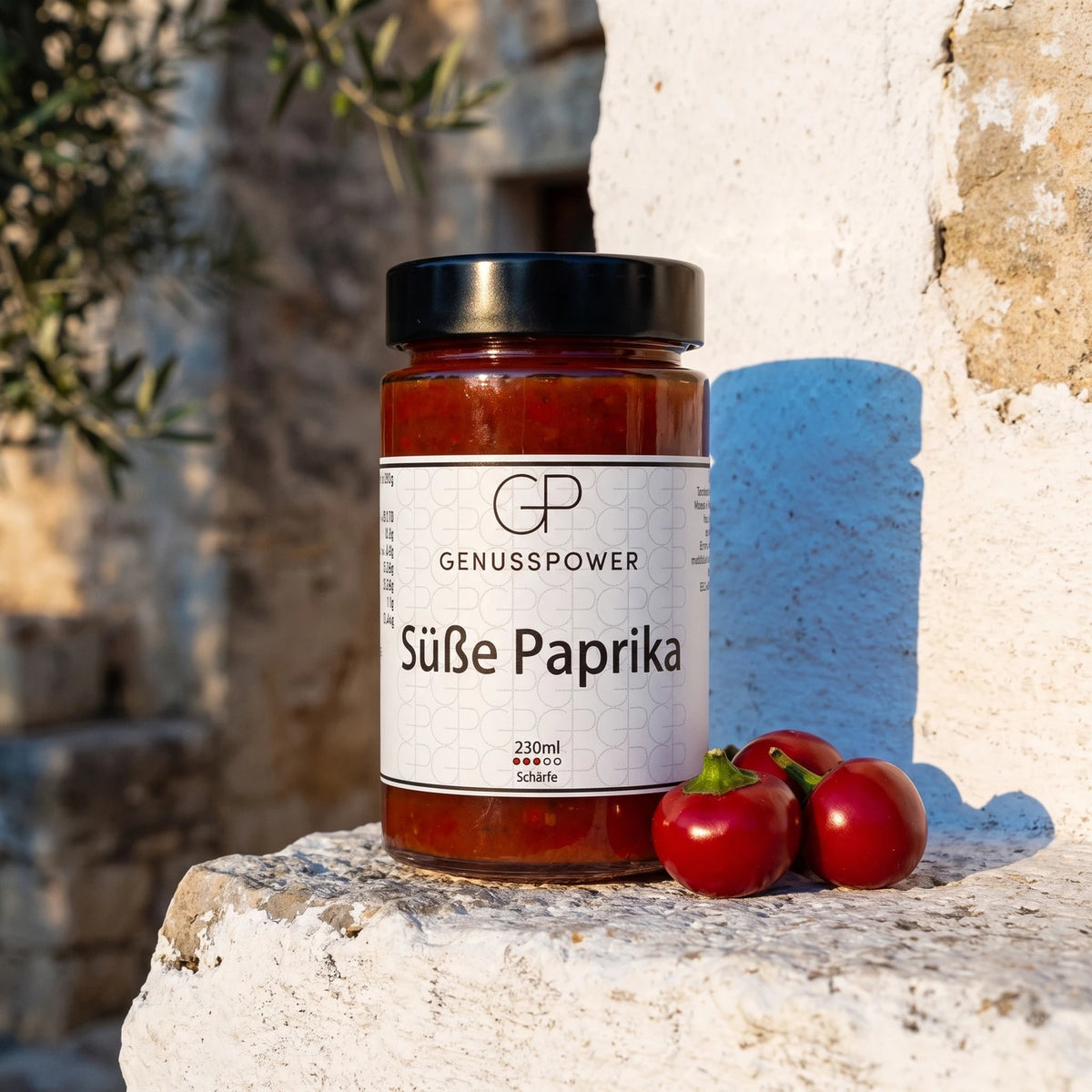 Glas Süße Paprika auf einem weiß gekalkten Steinsims, daneben rote Kirschpaprika