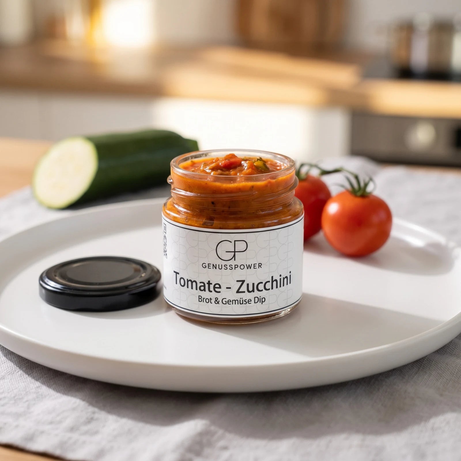 Offenes Glas Tomate Zucchini auf weißem Porzellanteller